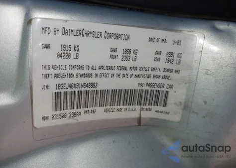 2001 Dodge Stratus Se из США, поврежденный, VIN 1B3EJ46X91N648893